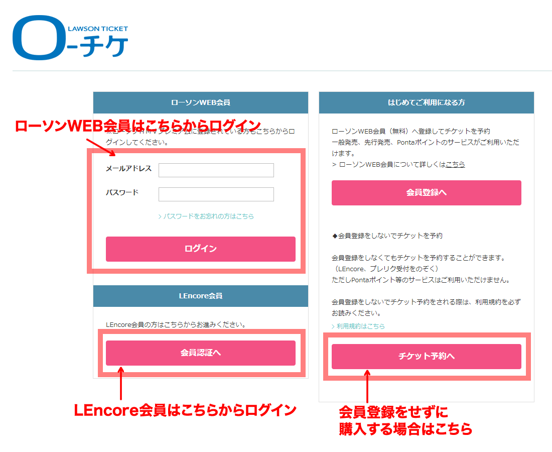 ローソンWEB会員、LEncore会員はログインします。会員登録せずに購入も可能です。